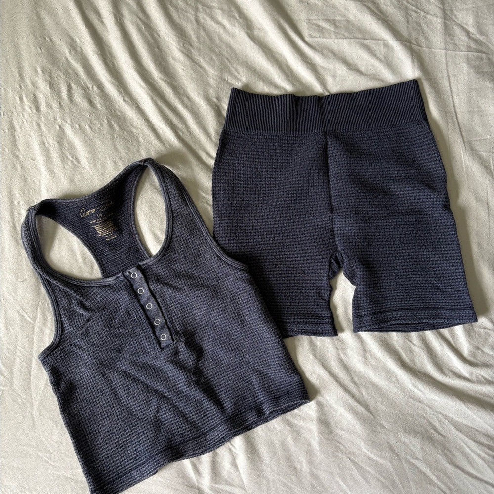 Navy Blue Waffle Knit Tank and Bike Short Set L/XL